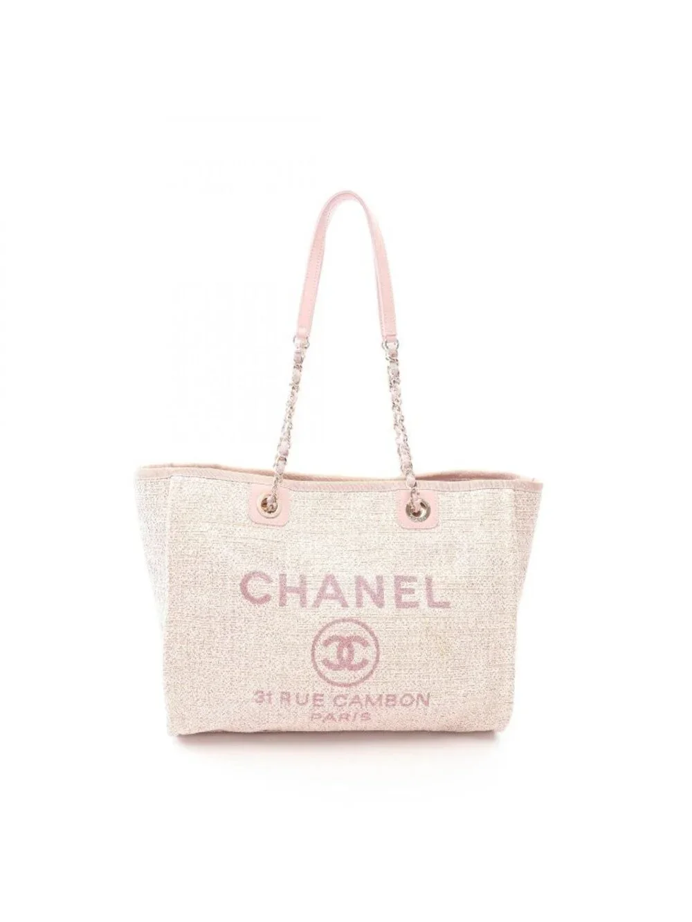 Chanel Tote Bag Deauville Pink Fabric Leather Chain MM